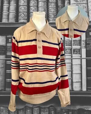 Vintage 70s Studio One by Campus Tan Red Blue Stripe Rugby Preppy Sweater Size L
